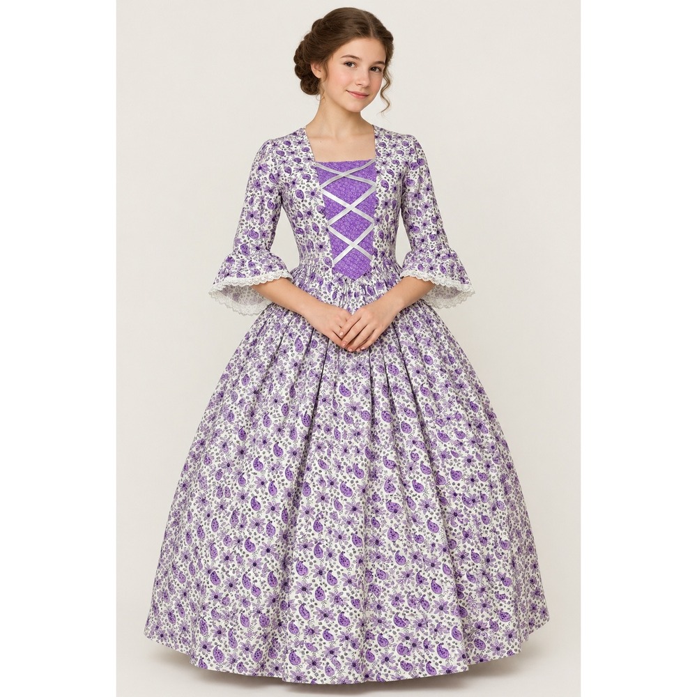 Handmade Purple White Colonial Dress Junior 12-16 Reenactment Costume Floral